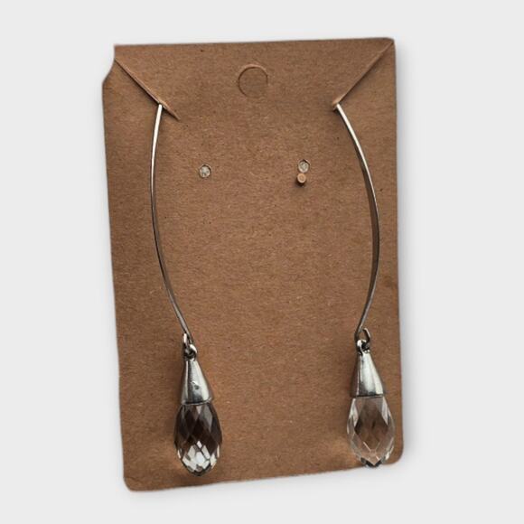 Faceted Glass Drop Silver Tone Long Wire Earrings - Picture 2 of 5